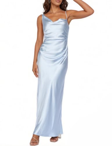 Image of Formal Satin Silk Spaghetti Strap Maxi Dresses for Women Wedding Guest | Elegant, Summer, Cowl Neck, Backless, Sleeveless, Slip, Slit, Ruched, Long Bridesmaid Dress, Cocktail, Beach Vacation, Party