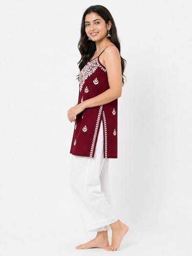 Image of Women's Chikankari Rayon Top Sleeveless Strappy Kurti | Embroidered A-Line Tunic for Women | Summer Ethnic Casual Wear Top with Spaghetti Straps