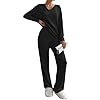Famulily Women's Comfy Pj Nightsuit Casual Ribbed Knit Pajama Set V Neck Top High Waisted Wide Leg Pants Black M