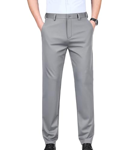 Men's High Stretch Summer Pants - Thin Ice Silk Business Elastic Waist Classic Work Office Formal Trousers