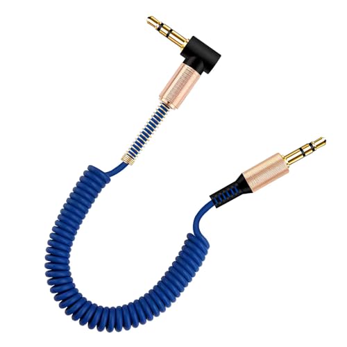 Image of skysia 3.5mm AUX Cable - Spiral Spring Male-to-Male Audio Cord with 90 Right Angle Jack, Stretchable & Tangle-Free Steel Spring Design for Car, Headphones & Speakers Etc (Pack of 1) (Blue)