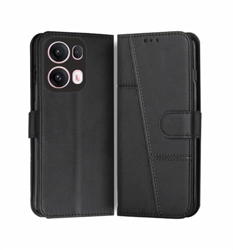 Image of Oppo Reno 13 Pro 5G Flip Cover Leather Finish | Inside TPU with Card Pockets | Wallet Stand | Complete Protection Flip Case Black