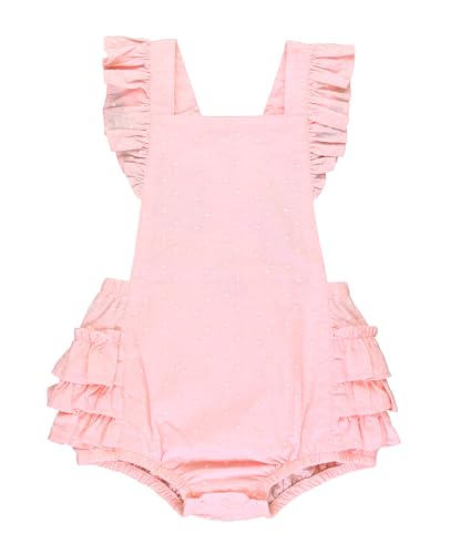 RuffleButts Pink Embroidered Vintage Dot Flutter Overall Romper - 18-24m