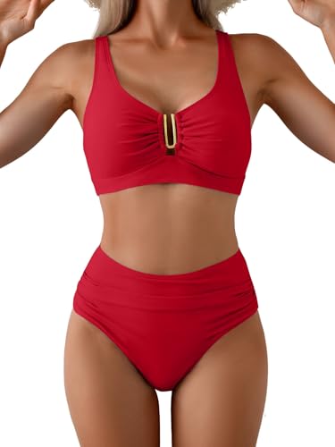 Image of Eomenie Bikini Sets for Women High Waisted Two Piece Bathing Suit U Wired V Neck Swimsuit Adjustable Straps Swimwear