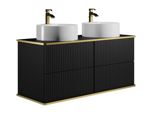 Vente-unique - Meuble de Salle de Bain Suspendu strié liseré doré avec Double Vasque à Poser Ronde - Noir - 120 cm - KELIZA
