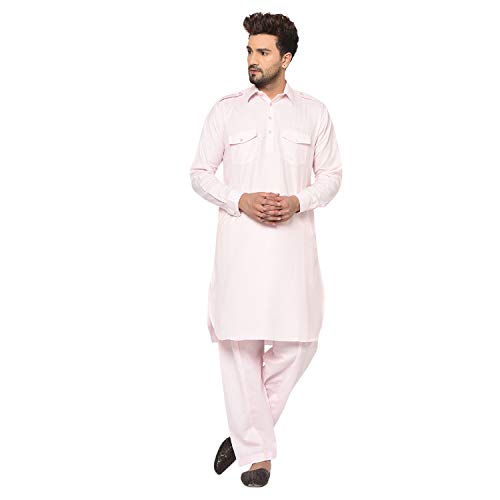 Men's Pathani Kurta Set Cotton Plus Size Kurta Pyjama Party Wear Dress Indian Traditional Pathani Eid Kurta with Salwar (Pink, XL - 46" Chest Size)