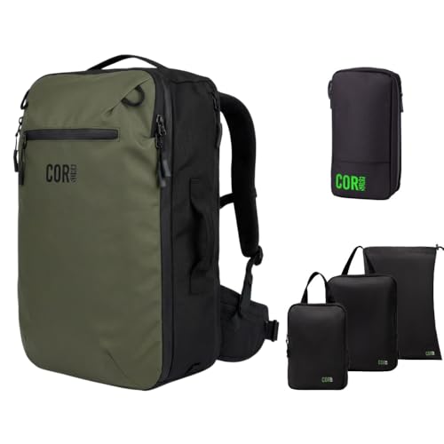 COR Surf Carry On Travel Backpack Bundle | Island Hopper Travel Backpack with Toiletry Bag and Compression Packing Cube Set (40L, Green)