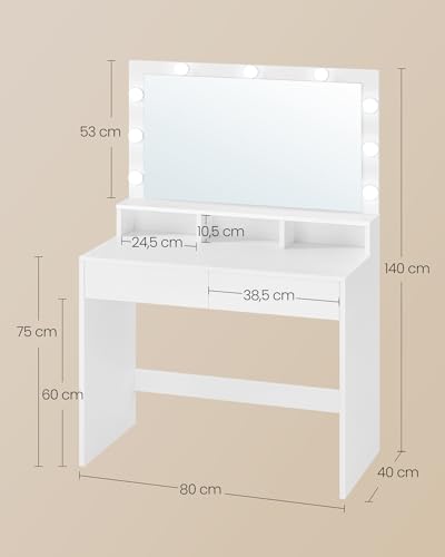 VASAGLE KAILYN Collezione - Tavolo da Trucco, Toeletta con Luce LED, Regolabile a 3 Colori, con Specchio, Tavolo Cosmetico con 2 Cassetti e 3 Scomparti Aperti, Bianco Nuvola RDT120T10 - Immagine 3