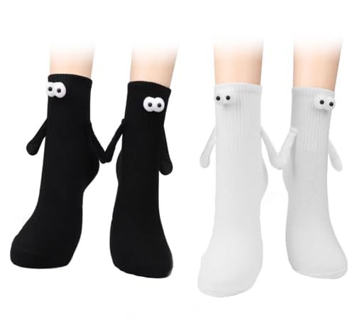 Zwenjuan Funny Magnetic Socks 2 Pairs Couple Hand-in-Hand Friendship Socks with Big Eyes for Women Men Holding Hands Hold Novelty Socks(Black White)