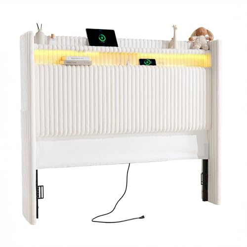 ONBRILL 54 Tall Headboard Queen Size with Storage LED Light Corduroy Wingback Headboard with Charging Station Upholstered Head Board Queen w/High-Density Sponge Padding Storage Pockets Off White