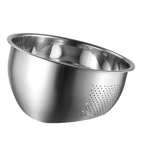 Image of KRESHU Heavy Quality Stainless Steel 304 Food Grade 3-in-1 Bowls Vegetables Rice Washer with Side Drain Bowls Colander Strainer Basket Ideal for Kitchen Tools Vegetables, Rice, Fruits (23cm, Silver)