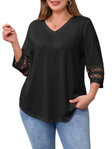 Beautife Womens Plus Size 3/4 Sleeve Tops V Neck Loose Fit Tee Shirts Dressy Casual Eyelet Lace Tunic Blouse3