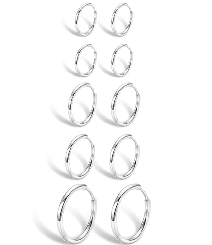 Image of 5 Pairs Small Gold Hoop Earrings for Women Men, Lightweight Tiny Hinged Huggie Cartilage Silver Hoop Earring 14K Gold Hypoallergenic Surgical Steel Earring Set Helix Piercing Jewellery