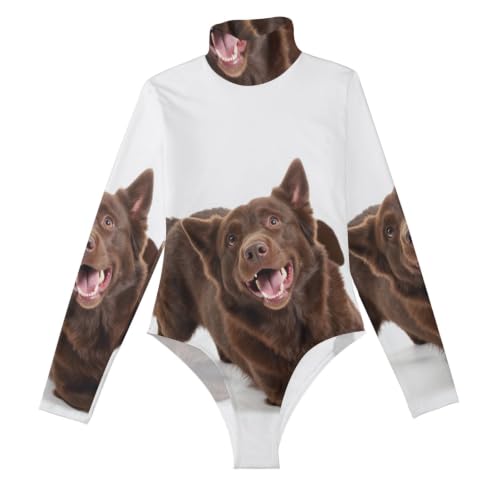 Body de manga larga para mujer con estampado de labrador chocolate y cuello alto