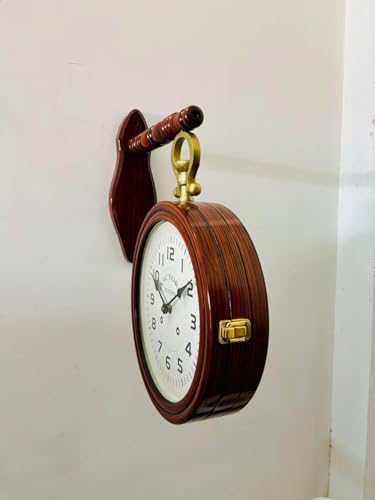 Image of Double-Sided Wall Clock | 12 Inch Roman Numeral Hanging Station Clock with Wooden Bracket | Antique Home & Cafe Decor (Brass)