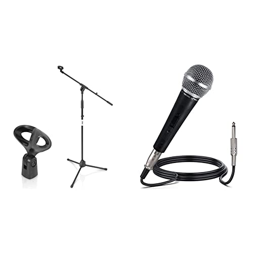 Pyle Foldable Tripod Microphone Stand - Universal Mic Mount and Height & Pyle Professional Dynamic Vocal Microphone - Moving Coil Dynamic Cardioid Unidirectional Handheld Microphone