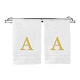 Toalla de mano con monograma, regalo personalizado, juego de 2 toallas bordadas con letras de bloque dorado, extra absorbente, 100% algodón turco, acabado de rizo suave, inicial A, blanco