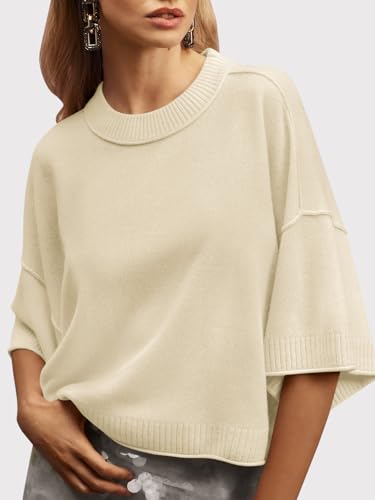 Image of Saodimallsu Womens Short Sleeve Sweater Summer Oversized Cropped Sweaters Casual Crewneck Lightweight Knit Tops