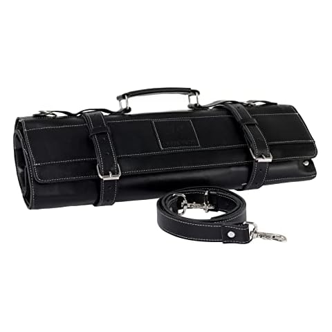 EVERPRIDE Re-designed & Improved! Professional Grade, luxurious Classic Top Grain ALL LEATHER Chef Knife Roll Bag – Holds 10 Knives up to 18” Travel, Comfort and Commute optimized. Cover