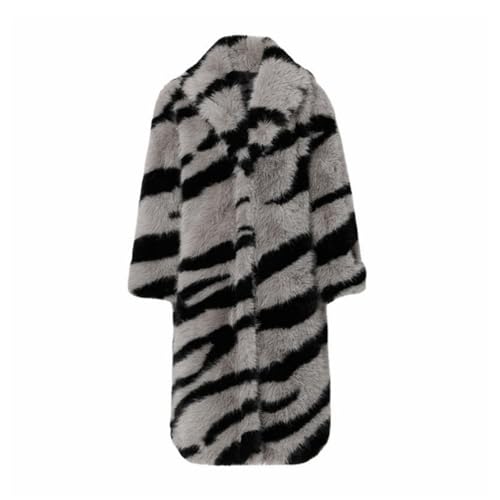 Women Warm Zebra Pattern Faux Fur Coat Lapel Long Sleeve Animal Print Outwear Winter Fluffy Faux Fur Overcoat