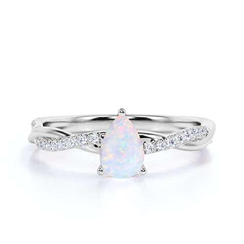 10K 14K 18K White Gold & Rose Gold Opal and Moissanite Engagement Rings for Women 1.0CT Center Pear Cut White Fire Opal Rings Jewelry Gift for Her