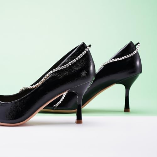 C.Paravano Women's Pumps | Crystal Chain Heels | Pointed Toe Kitten Heel | Comfortable Dress Shoes | Elegant Party Wedding Designer Shoes(Size 6.5,Black)3
