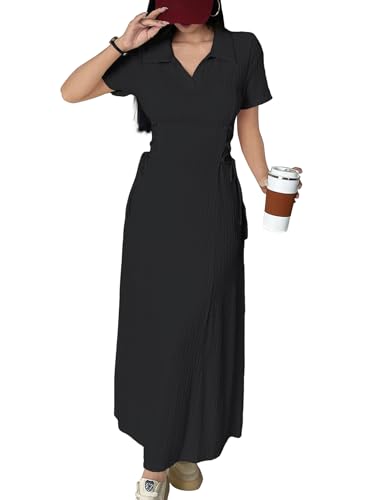 Image of Shasmi Women's Solid Color Applique Lace-Up Collared Short Sleeve, Side-Tie Waist Long Casual Maxi Women Dress Outfit Long Evening Midi Western Party Dress for Women (Dress 211)