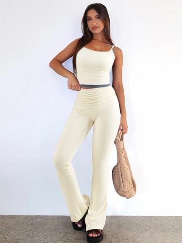 Image of Bellelily Women's 2 Piece Sets Casual Summer Outfits Spaghetti Strap Crop Tank Fold Over Yoga Flare Pants Comfy Loungewear