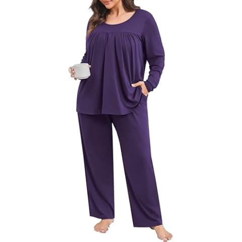 POSESHE Pajama Sets for Women Plus Size Two Piece Set Lounge V-neck Comfortable Pjs Long Pjs with Pockets,Purple,2XL Cover