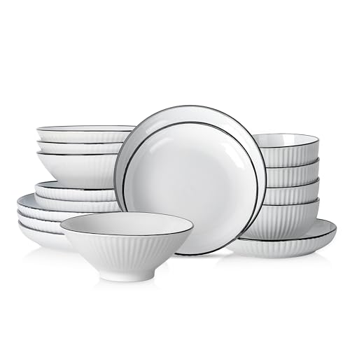 Image of Christian Siriano Lustra Modern 16-Piece Stoneware Dinnerware Set, Plates and Bowls Set, Dinner and Salad Plates, Ramen Bowls, Dishes for 4, White