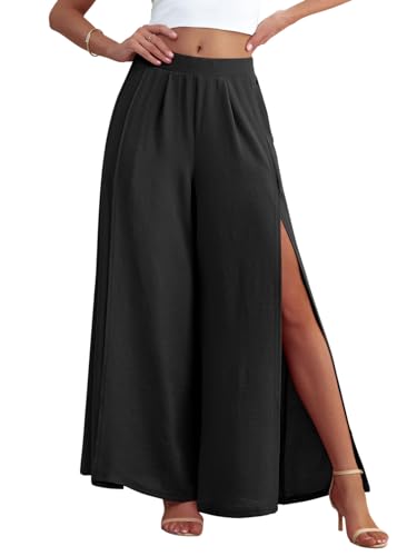 POKWAI Split Wide Leg Pants for Women Beach Vacation High Waist Lightweight Flowy Casual Summer Pants