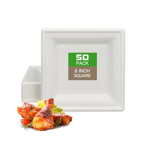 CVIUYO Assiettes Carrées Jetables En Bagasse Super Rigides et Robustes 100% Compostables,Assiettes En Carton Résistantes à L'eau et à L'huile,Pour Micro-ondes,Blanc,Paquet de 50 (15,2 cm)