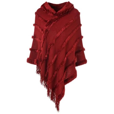 Ferand Ponchos for Women, Fuzzy Knitted Shawl with Fringe, Cozy and Striped Poncho Sweater for Fall and Winter, Burgundy Cover
