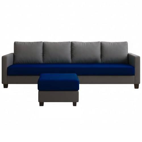 Image of FURNY Arnold 5 Seater L Shape Sofa Set with Movable Ottoman | Flexible Left or Right Layout | Plush Velvet Fabric (Dark Grey-Dark Blue) | Perfect for Living Room, Guest Room & Office