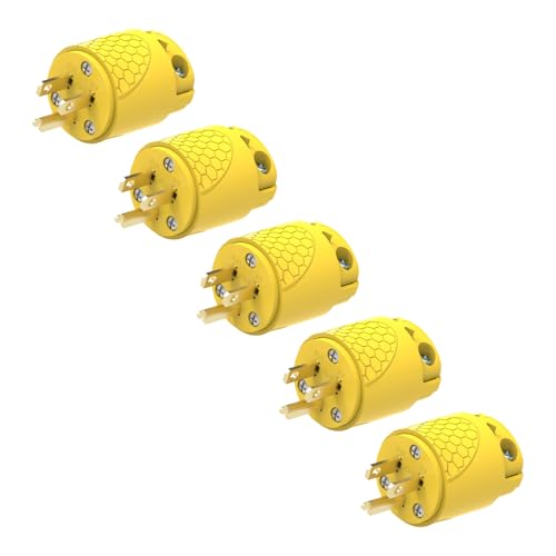 ThunderWay Electrical Replacement Plug Extension Cord Ends Male 3 Prong NEMA 5-15P 15 Amp 125 Volt Commercial & Industrial Grade Straight Blade Grounding Type UL Listed Yellow 5 Pack