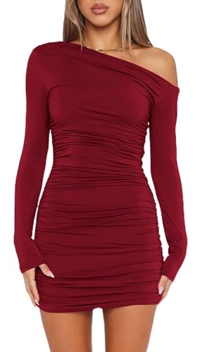 ELFIN Damen Bodycon Kleid Gerippt Langarm Minikleid Sexy One Off Shoulder Geraffte Kleider Kurzes Cocktail Party Club Kleid Herbst Freizeitkleid (M,...