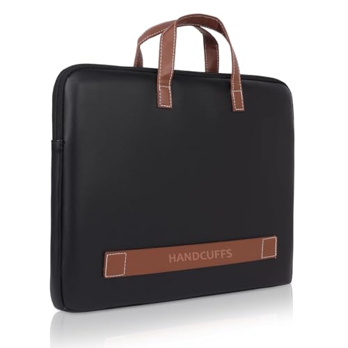 Image of Handcuffs Envelope Sleeve for MacBook Pro 14 Inch | Solid Space Lightweight Faux Leather Case with Handle for Laptops & iPads | Sleek Design Durable & Water Resistant (Black)