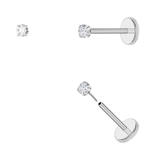 20G Threadless Flat Back Earrings hypoallergenic Titanium Small Stud Earrings Push-In CZ Nose Studs for Women Men Labret Cartilage Helix Conch Medusa Monroe Tragus Piercing Jewelry (20g-2mm, Silver)