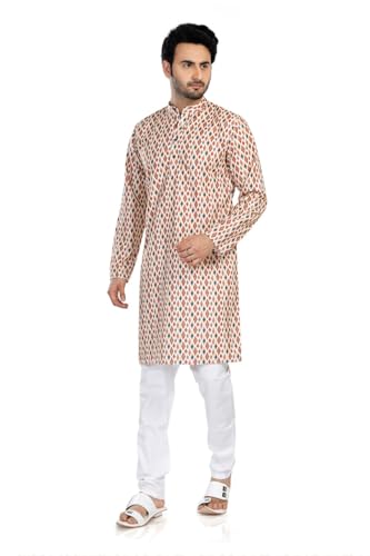 In-Sattva Men's Indian Folk Print Banded Collar Knee-Length Kurta Tunic2