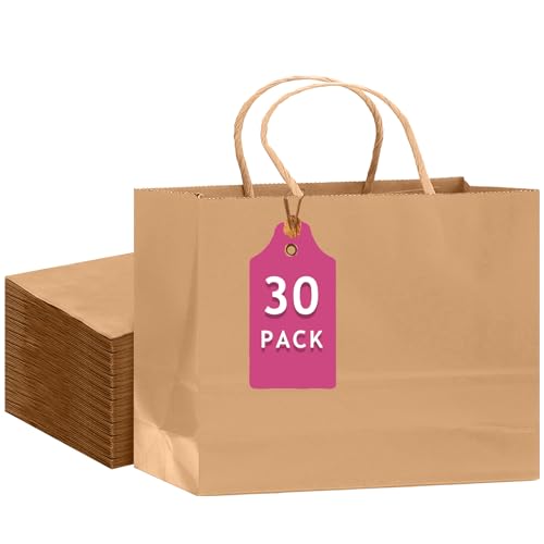 qiqee 30-Packs Brown Gift Bags with Handles Bulk 13x4.5x10 Wide Large Size Party Paper Bags