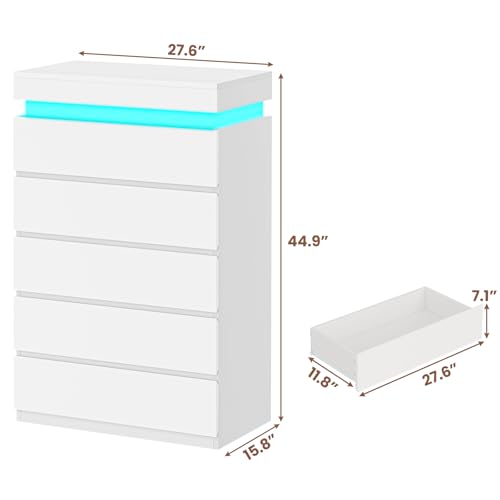 Tall 5 Drawer Dresser with LED Light, White Modern Chest of Drawers for Bedroom,Closet Dressers with Drawers for Living Room, Entryway, Hallway