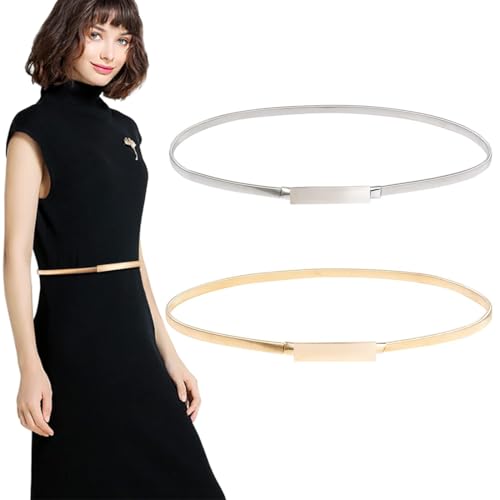 Cinturón fino de metal para mujer (2 unidades), cinturón de cadena elástica, ajustable, ideal para la mayoría de ocasiones, como bodas (dorado, plateado).