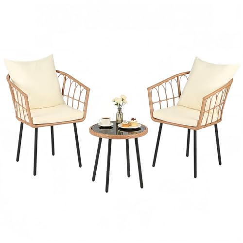 Image of PayLessHere 3 Piece Patio Bistro Set, Outdoor Wicker Apartment Balcony Furniture Sets, All-Weather Rattan Balcony Furniture Set for Patio Front Porch Apartment, Beige