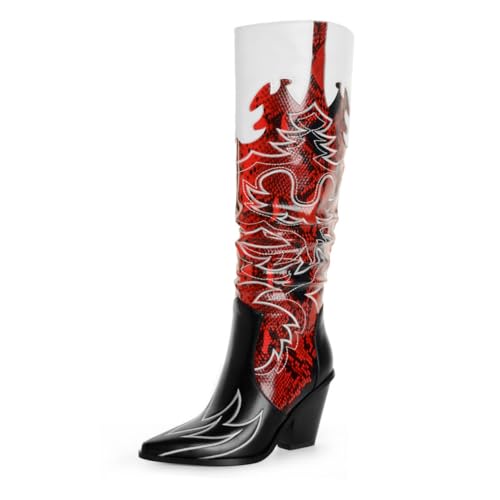 ANN CREEK Cowgirl Boots Side Zipper Womens Cowboy Boots Knee High Embroidery Woman Western Tall Pointed Toe Chunky Heel Two Tones2