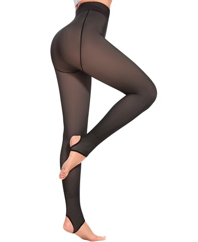 Image of QooNoo No Fleece Tights Women Pantyhose Opaque Black Sheer High Waisted Leggings Sheer Under Dress Winter(Stirrup Black Opague,X-Small)