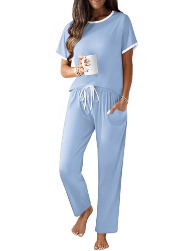 Ekouaer 100% Cotton Pajama for Women Short Sleeve Pj Top With Long Pants 2 Piece Lounge Set with...