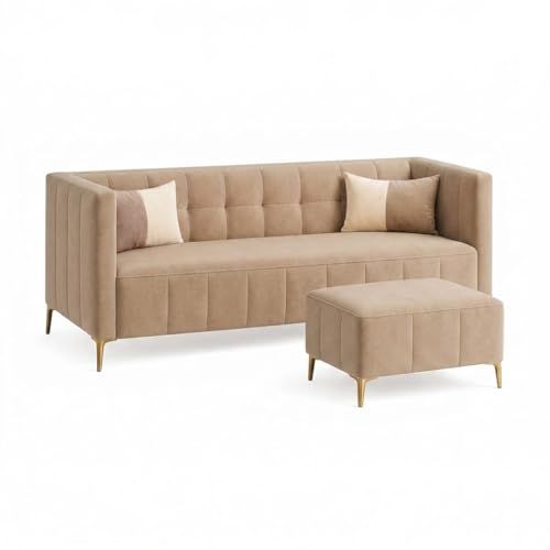 Image of SOCOZI Stylluxe 4 Seater L Shape Sofa Set with Movable Ottoman | Flexible Left or Right Layout | Soft Velvet Suede Fabric | Modern Design | Plush Comfort Cushions for Living Room (Beige)
