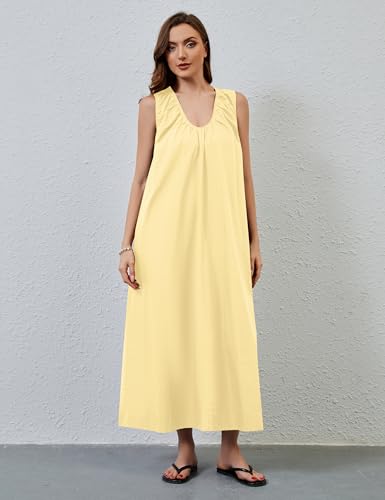 Image of MISSACTIVER Women's Sleeveless Maxi Dress Scoop Neck Ruched Long Dress with Side Pockets Wide Shoulder Elegant Blouse Dresses