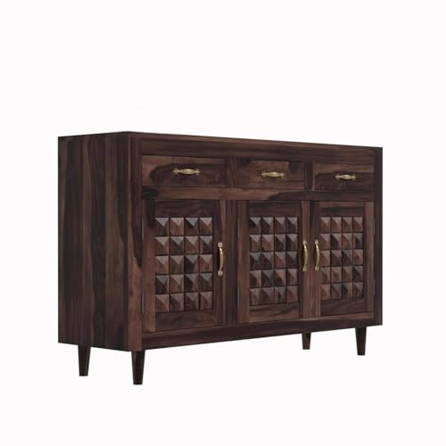 Image of Solid Sheesham Wood Sideboard Cabinet Storage with 3 Door & 3 Drawer Wooden Storage Organizer Cabinet for Home Kitchen Living Room Bedroom Hallway Dinning | Walnut Finish | Pre-Assembled