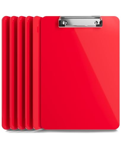 Plastic Clipboards (Set of 6) Multi Pack Clipboard (Red) Strong 12.5 x 9 Inch | Holds 100 Sheets! Acrylic Clipboards with Low Profile Clip | Cute Aesthetic College School Supplies for Girls and Boys